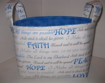 Royal Blue Silver Faith Hope Peace / Organizer Bin / fabric Basket - Bible Verses - Personalization Available- 8" x 6" x 7"