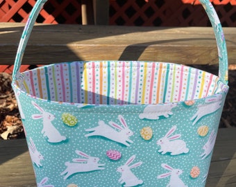 Ready to ship! Easter Bunny Bunnies Stripes  Dot Easter Eggs Fabric Basket, Bucket, Diaper Caddy Personalization Available
