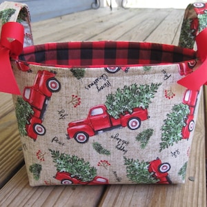 Christmas Holiday Storage Organization Container Bin Basket Gift Bag - Red Trucks Christmas Trees Buffalo Plaid - Personalization Avail