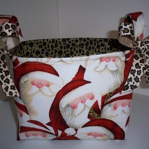 Leopard Santa Christmas Fabric Basket / Gift Bag / Table Decor - Santa Claus - Personlization Available