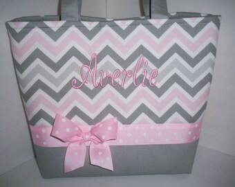 Pink Grey Chevron Diaper Bag / Tote / Purse- Personalization Available