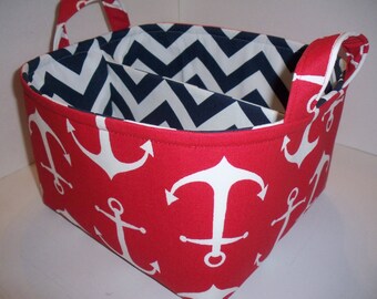 Large Diaper Caddy 10 x 10 x 7 / Organizer Bin / Red White Anchor Navy Chevron- Nautical - Personalization Available