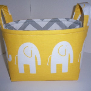 Small Diaper Caddy / Organizer Bin / Fabric Basket Yellow Grey Elephants Zig Zag Chevron Personalization Available image 1