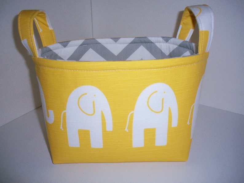 Small Diaper Caddy / Organizer Bin / Fabric Basket Yellow Grey Elephants Zig Zag Chevron Personalization Available image 1