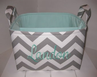 Large 10 x 10 x 7 Diaper Caddy / Organizer Bin / Grey White Chevron Zig Zag - Personalization Available