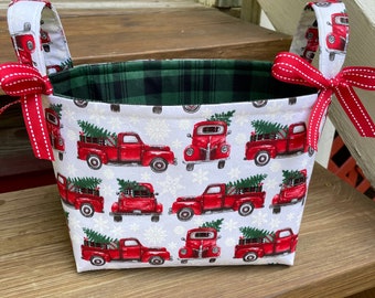 Red Trucks Christmas Trees Green Buffalo Plaid Christmas Holiday Storage Organization Container Bin Basket Gift Bag