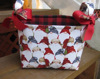 Christmas Gnomes Red Black Buffalo Plaid Fabric Gift Basket - Organizer Bin- Gift Bag - Christmas Table Decor - Personalization Available
