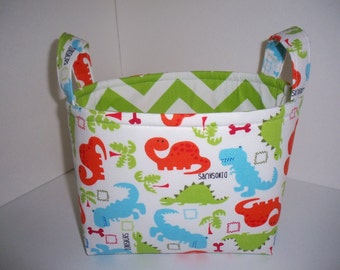 Colorful Dinosaurs Chevron Zig Zag Organizer bin / Fabric Basket / Small Diaper Caddy - Personalization Available- 8" x 6" x 7"