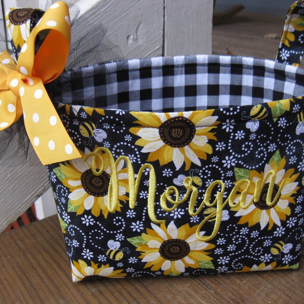 Black Yellow Sunflower Basket, Sunflower Bag, Organizer Tote, Sunflower Bucket, Floral, Personalized, Sunflower Diaper Caddy, Fall Basket