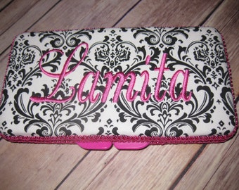 Personalized Travel Baby Wipe Case- Premier Prints Black White Damask Hot pink