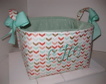 Large Diaper Caddy / Organizer Bin / Pink Mint Green Gold Metallic Chevron Arrows - Personalization Available