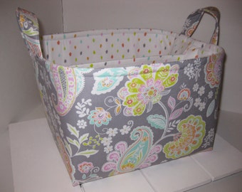 Large Diaper Caddy / Organizer Bin / Grey Pink Mint Paisley Flowers Dots- Personalization Available