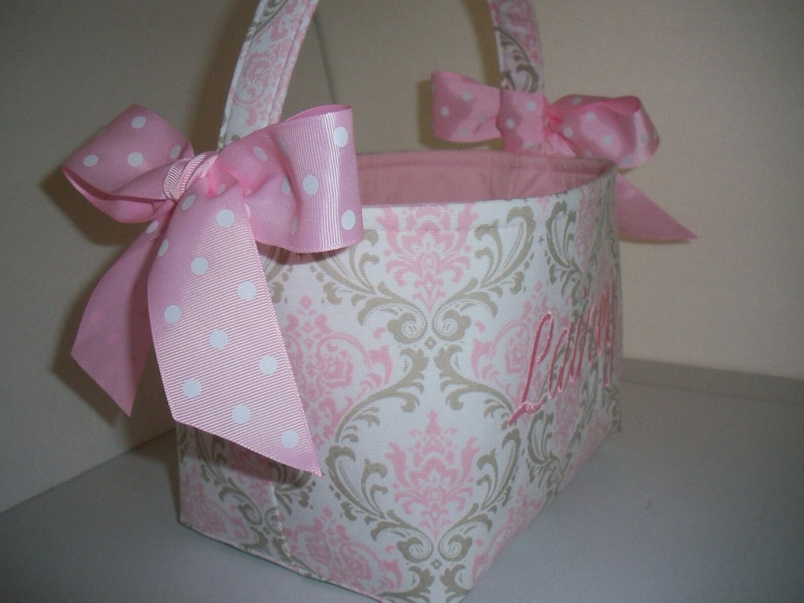 Pink Gray Taupe Damask Fabric Basket / Small Diaper Caddy / Etsy