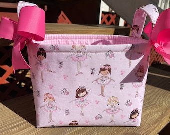 Pink Ballerina Ballet Dancer Gingham / Fabric Basket / Small Diaper Caddy -Personalization Available 8" x 6" x 7"