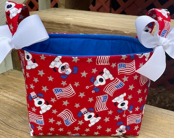 Ready to Ship ! Red White & Blue 4th of July Puppy Dogs Basket, Bag, Organizer Tote, Bucket - Stars Stripes Personalization Available