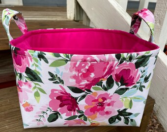 Large Diaper Caddy / Organizer Bin / Hot Pink Rose Peony - Floral - Personalization Available