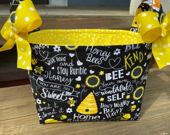 Beehive Bees Inspirational Words Basket, Gift Bag, Organizer Tote, Bucket, Diaper Caddy- Personalization Available 8" x 6" x 7"