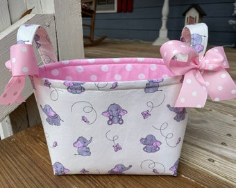 Yellow Pink Grey Elephant Organizer bin, Fabric Basket, Small Diaper Caddy -Personalization Available