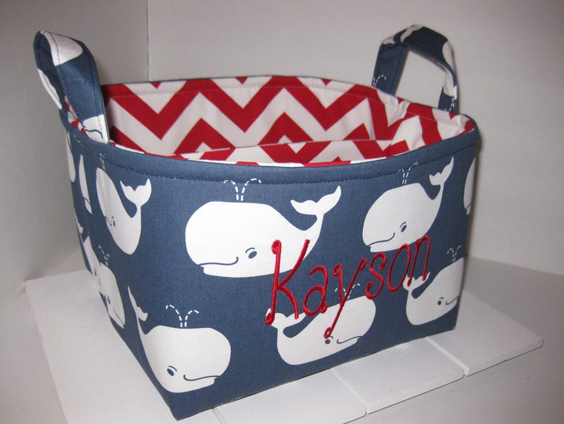 Large Diaper Caddy Organizer Bin Navy Blue White Whales Chevron Personalization Available