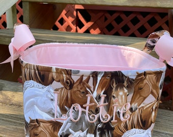 10 x 10 x 7 Large Diaper Caddy, Organizer Bin, Baby Shower Gift - Horses Baby Pink - Personalization Available