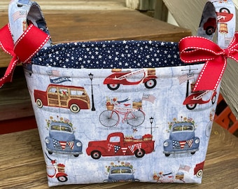 Red White & Blue 4th of July Red truck Basket, Bag, Organizer Tote, Bucket - Stars Stripes Personalization Available- 8" x 6" x 7"