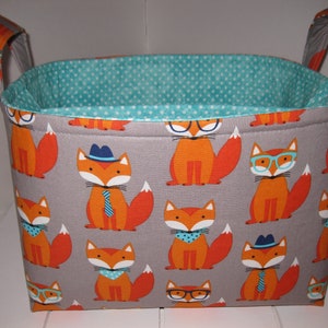 Large Diaper Caddy / Organizer Bin / Grey Orange Aqua Blue Fox Glasses Hats- Personalization Available