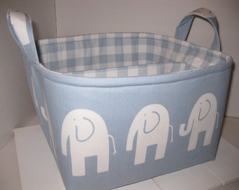 Large Diaper Caddy / Organizer Bin / Blue White Elephant - Plaid - Personalization Available