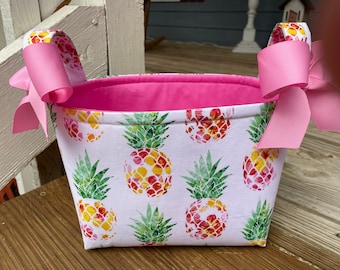 Pink Yellow Green Pineapple Organizer bin, Fabric Basket, Small Diaper Caddy -Personalization Available