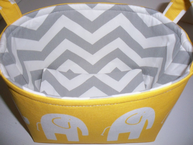 Small Diaper Caddy / Organizer Bin / Fabric Basket Yellow Grey Elephants Zig Zag Chevron Personalization Available image 3