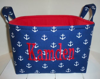 Large Diaper Caddy / Organizer Bin /Navy White Gray Red Anchor Nautical - Personalization Available