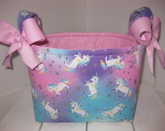 Pink Purple Sparkle Unicorns Dot Organizer bin / Fabric Basket / Small Diaper Caddy -Personalization Available