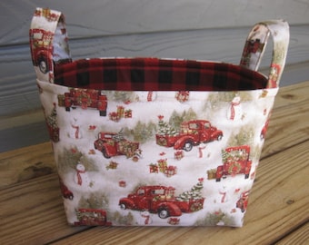 Christmas Holiday Storage Organization Bin Basket Gift Bag - Red Trucks Christmas Trees Buffalo Plaid Fabric- Personalization Available