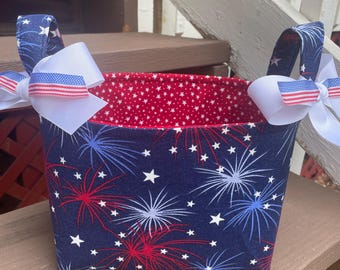 Red White & Blue 4th of July Basket, Bag, Organizer Tote, Bucket, Summertime - Stars Stripes Personalization Available - 8" x 6" x 7"