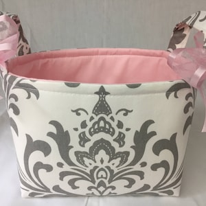 White & Grey Damask Pink Fabric Organizer Bin / Basket - Small Diaper Caddy - Personalization Available- 8&quot; x 6&quot; x 7&quot;