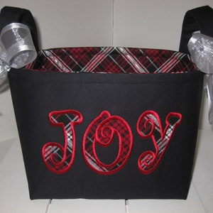 Metallic Black Red Silver Plaid Christmas Fabric Basket /  Organizer Bin / Gift Bag - Appliqued Joy