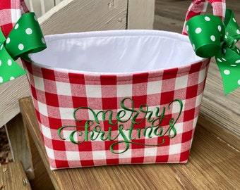 Red White Buffalo Plaid Fabric Gift Basket - Organizer Bin - Table Decor - Christmas Decor