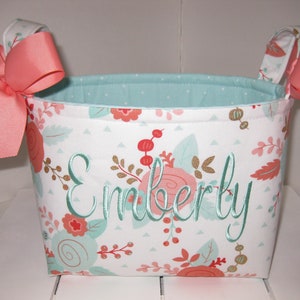 Coral Aqua Gold Metallic Floral Fabric Basket / Small Diaper caddy / Flower girl - Personalization Available