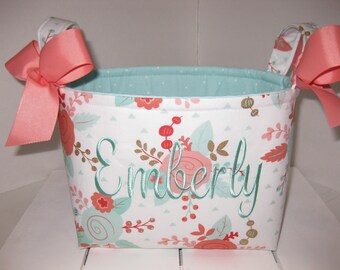 Coral Aqua Gold Metallic Floral Fabric Basket / Small Diaper caddy / Flower girl - Personalization Available - 8" x 6" x 7"