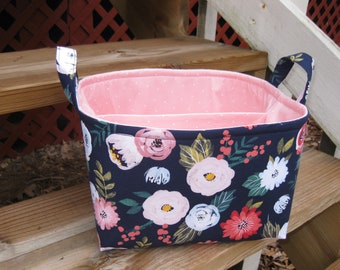 Large Diaper Caddy / Organizer Bin / Storage Basket -Navy Blue Coral Peach Pink Floral Flowers -Personalization Available