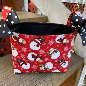 Christmas Snowman Gnomes Red Black White  Fabric Gift Basket, Organizer Bin, Gift Bag, Table Decor - Personalization Available