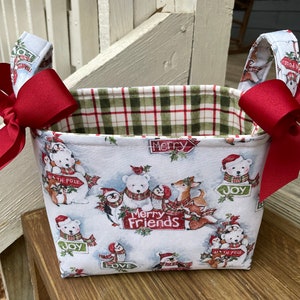 Christmas Holiday Storage Organization Container Bin Basket Gift Bag - Woodland Animals Deer Penguin Bear Plaid Fabric- 8&quot; x 6&quot; x 7&quot;