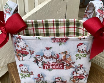 Christmas Holiday Storage Organization Container Bin Basket Gift Bag - Woodland Animals Deer Penguin Bear Plaid Fabric-
