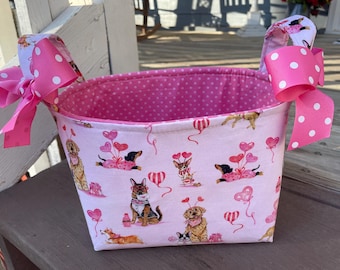 Red Pink Puppy Dogs Hearts Valentines Day Fabric Basket / Organizer Bin / Gift Basket- Ready to ship!