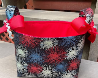 Ready to Ship! Red Silver & Blue Fireworks 4th of July Metallic Basket, Bag, Organizer Tote, Bucket Personalization Available- 8" x 6" x 7"