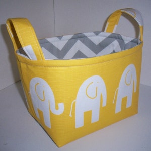 Small Diaper Caddy / Organizer Bin / Fabric Basket Yellow Grey Elephants Zig Zag Chevron Personalization Available image 2