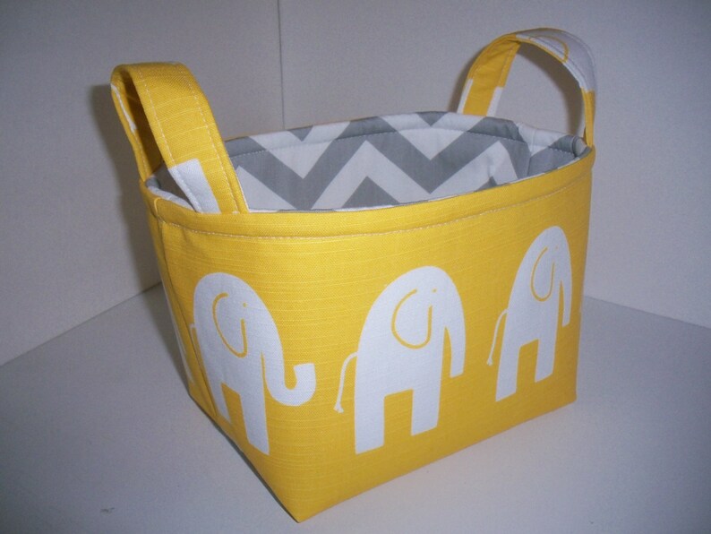 Small Diaper Caddy / Organizer Bin / Fabric Basket Yellow Grey Elephants Zig Zag Chevron Personalization Available image 2