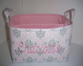 Large 10 x 10 x 7 Diaper Caddy / Organizer Bin / Pink Grey Damask - Personalization Available