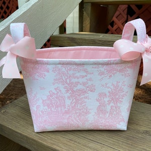 Light Pink Toile Fabric Basket Storage Bin Gift Bag Small Diaper Caddy- Personalization Available