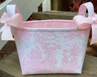 Light Pink Toile Fabric Basket Storage Bin Gift Bag Small Diaper Caddy- Personalization Available