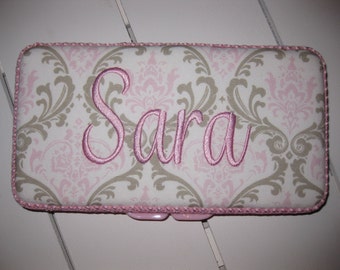 Travel Baby Wipe Case- Premier Prints Pink Taupe Damask- Personalization Available